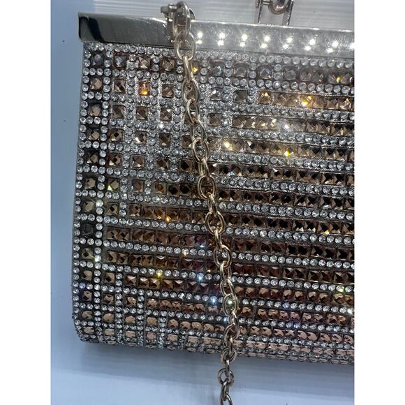 High Sparkle Glittery Rhinestone Silver & Bronze Evening Clutch Crossbody Chain - Picture 5 of 8